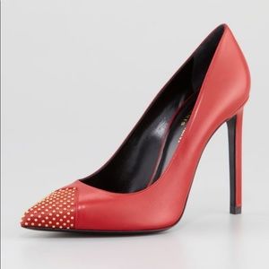 YSL Studded Pointy-Toe Leather Pump, Red